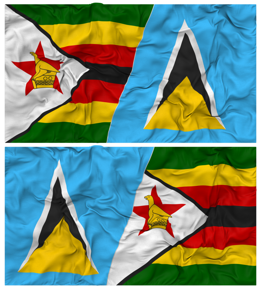 Saint Lucia and Zimbabwe Half Combined Flag with Cloth Bump Texture, Bilateral Relations, Peace and Conflict, 3D Rendering png