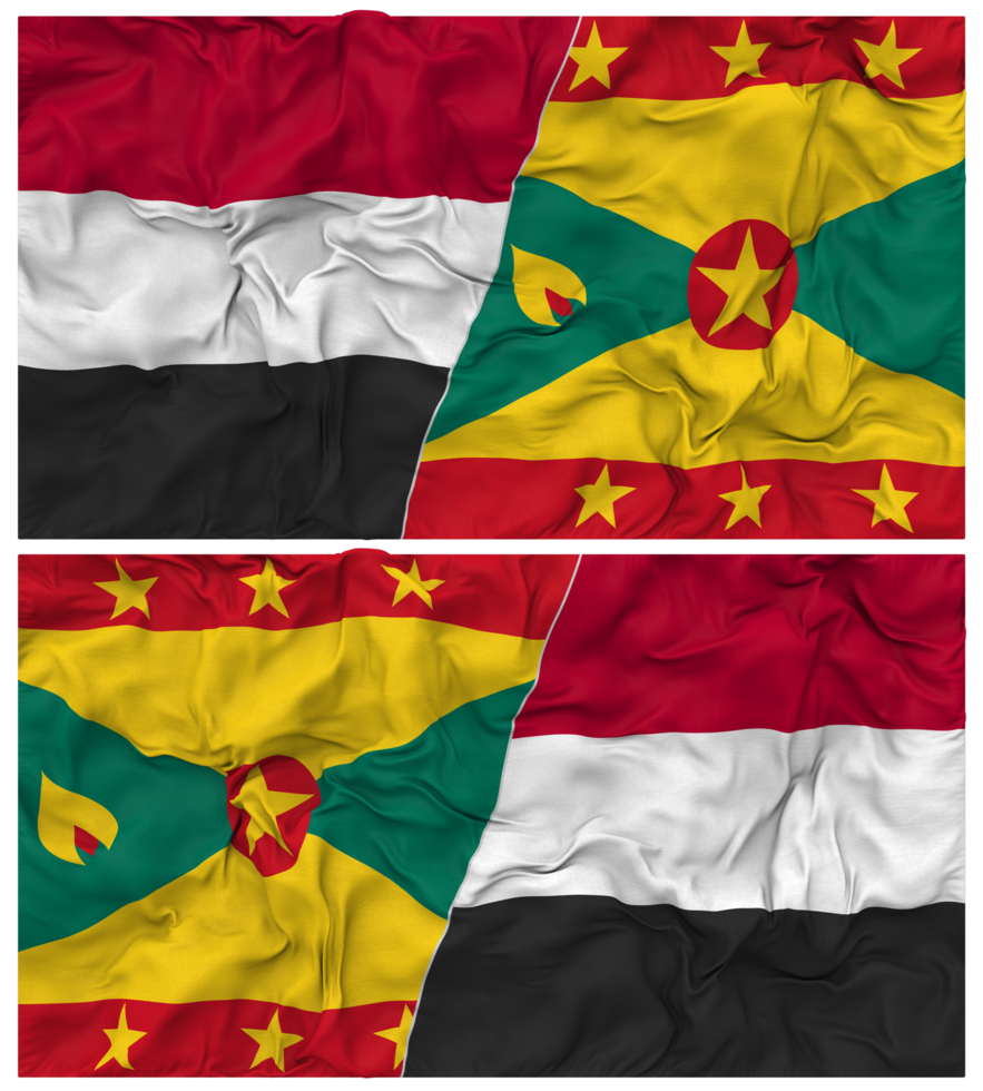 Grenada and Yemen Half Combined Flag with Cloth Bump Texture, Bilateral Relations, Peace and Conflict, 3D Rendering png