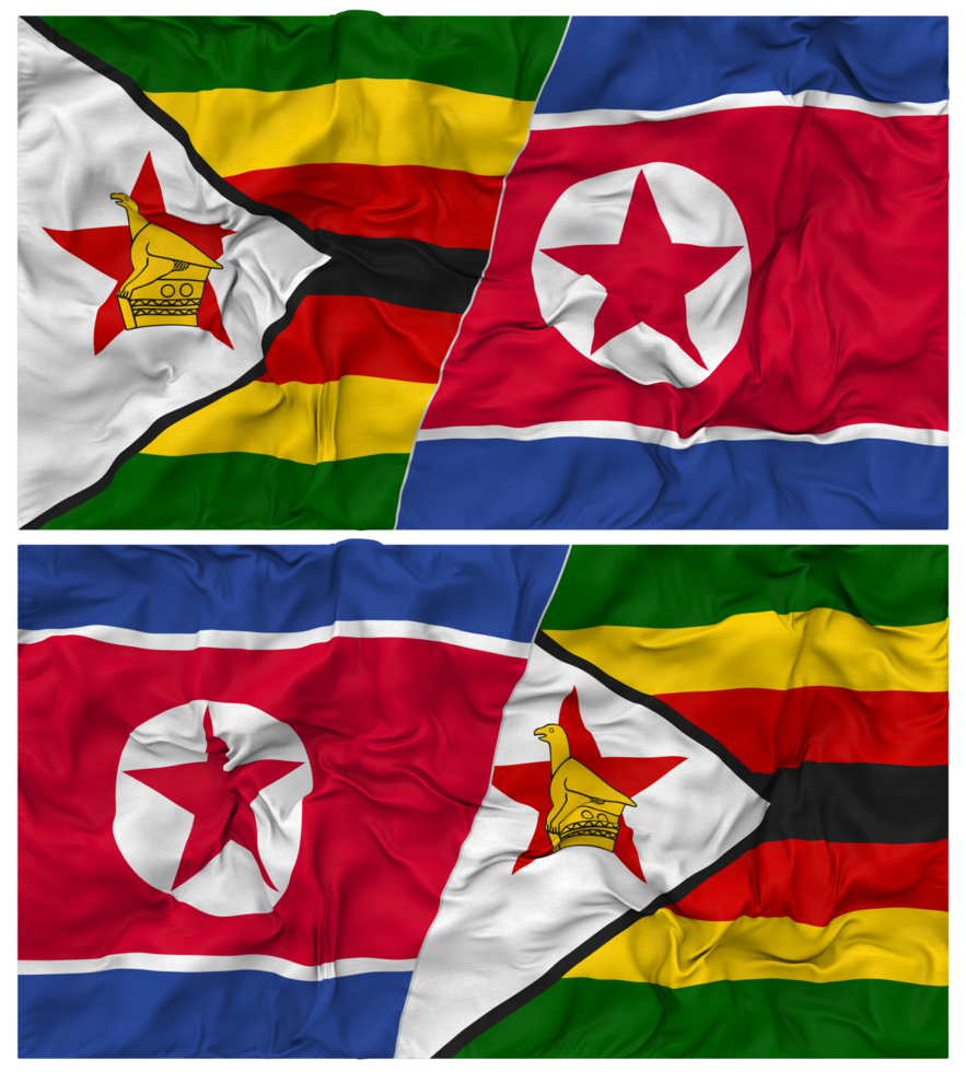 North Korea and Zimbabwe Half Combined Flag with Cloth Bump Texture, Bilateral Relations, Peace and Conflict, 3D Rendering png