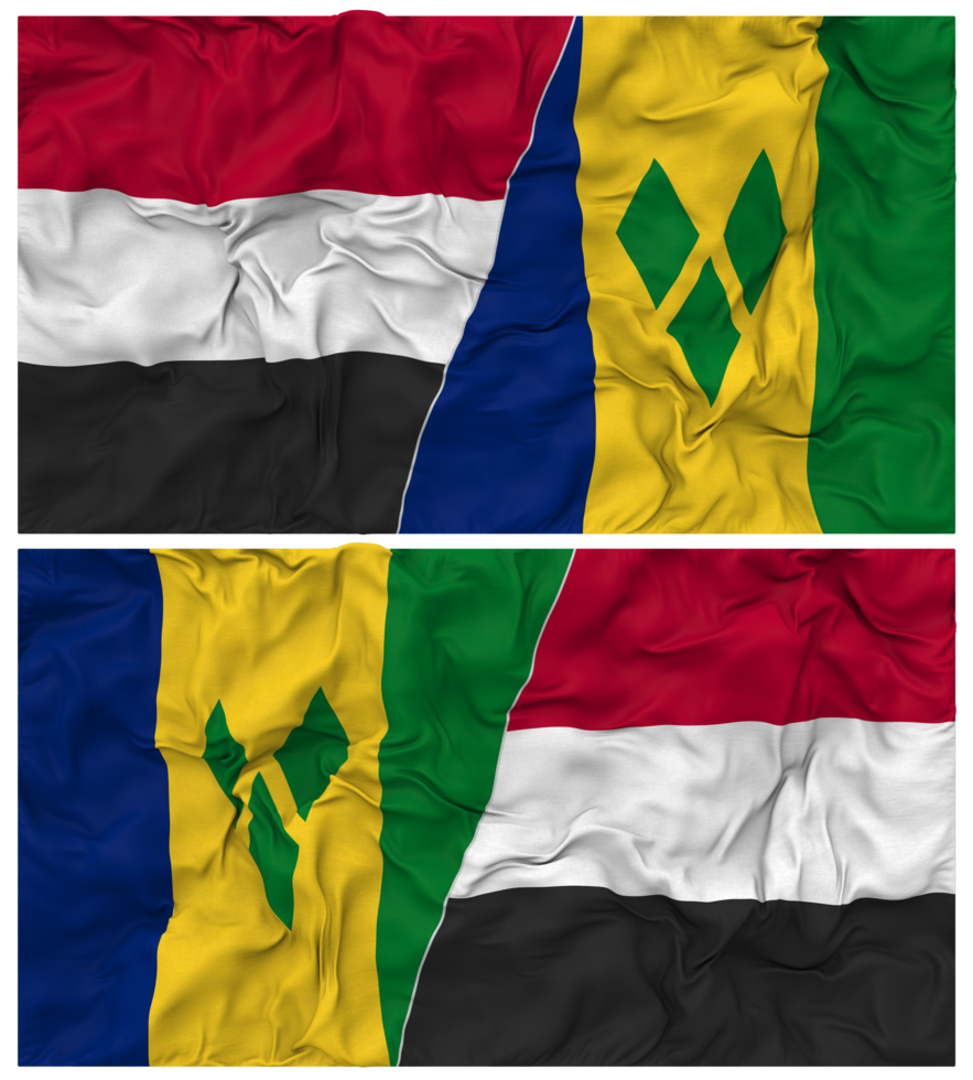 Saint Vincent and the Grenadines and Yemen Half Combined Flag with Cloth Bump Texture, Bilateral Relations, Peace and Conflict, 3D Rendering png