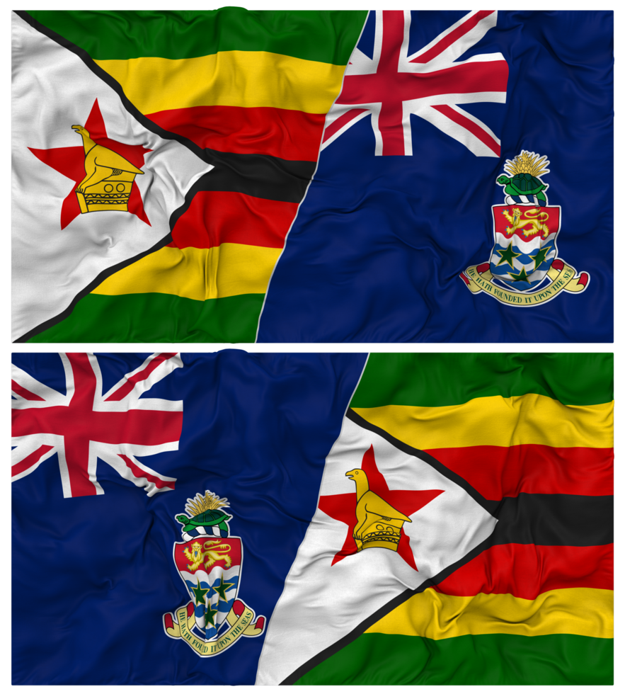 Cayman Islands and Zimbabwe Half Combined Flag with Cloth Bump Texture, Bilateral Relations, Peace and Conflict, 3D Rendering png