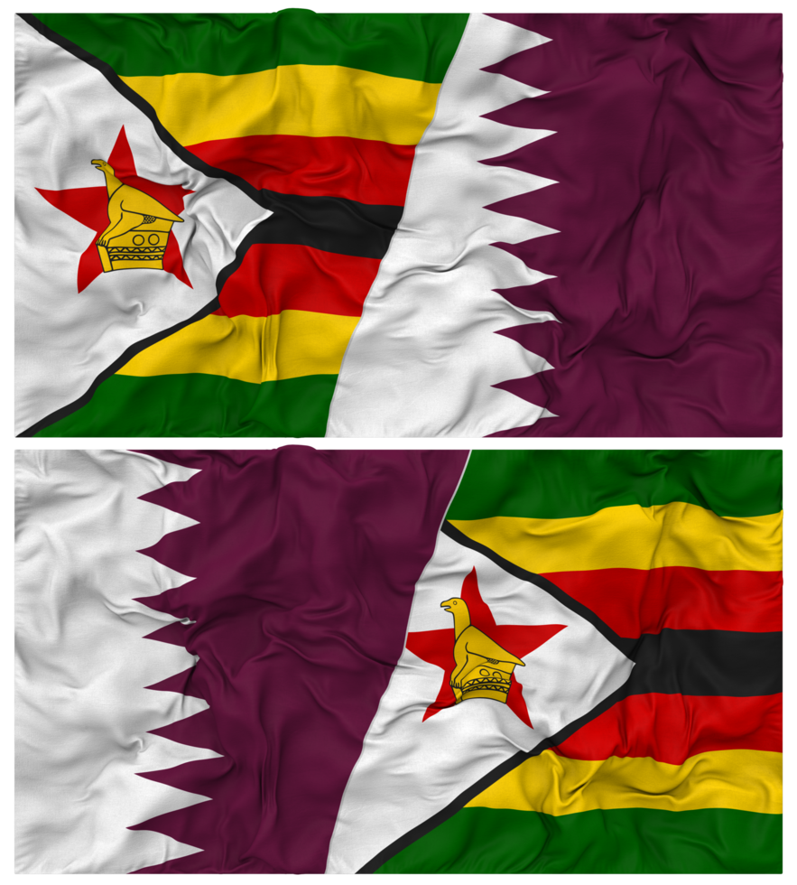 Qatar and Zimbabwe Half Combined Flag with Cloth Bump Texture, Bilateral Relations, Peace and Conflict, 3D Rendering png