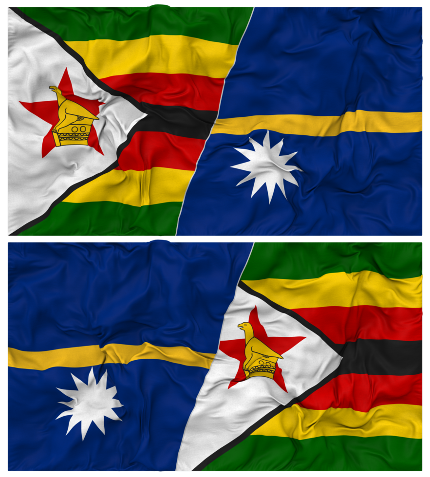 Nauru and Zimbabwe Half Combined Flag with Cloth Bump Texture, Bilateral Relations, Peace and Conflict, 3D Rendering png