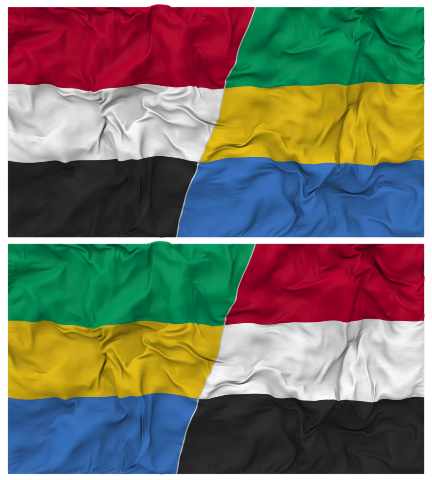 Gabon and Yemen Half Combined Flag with Cloth Bump Texture, Bilateral Relations, Peace and Conflict, 3D Rendering png
