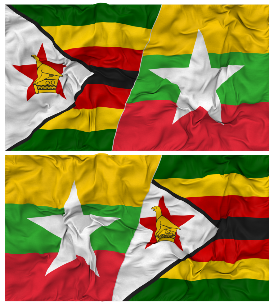 Myanmar, Burma and Zimbabwe Half Combined Flag with Cloth Bump Texture, Bilateral Relations, Peace and Conflict, 3D Rendering png