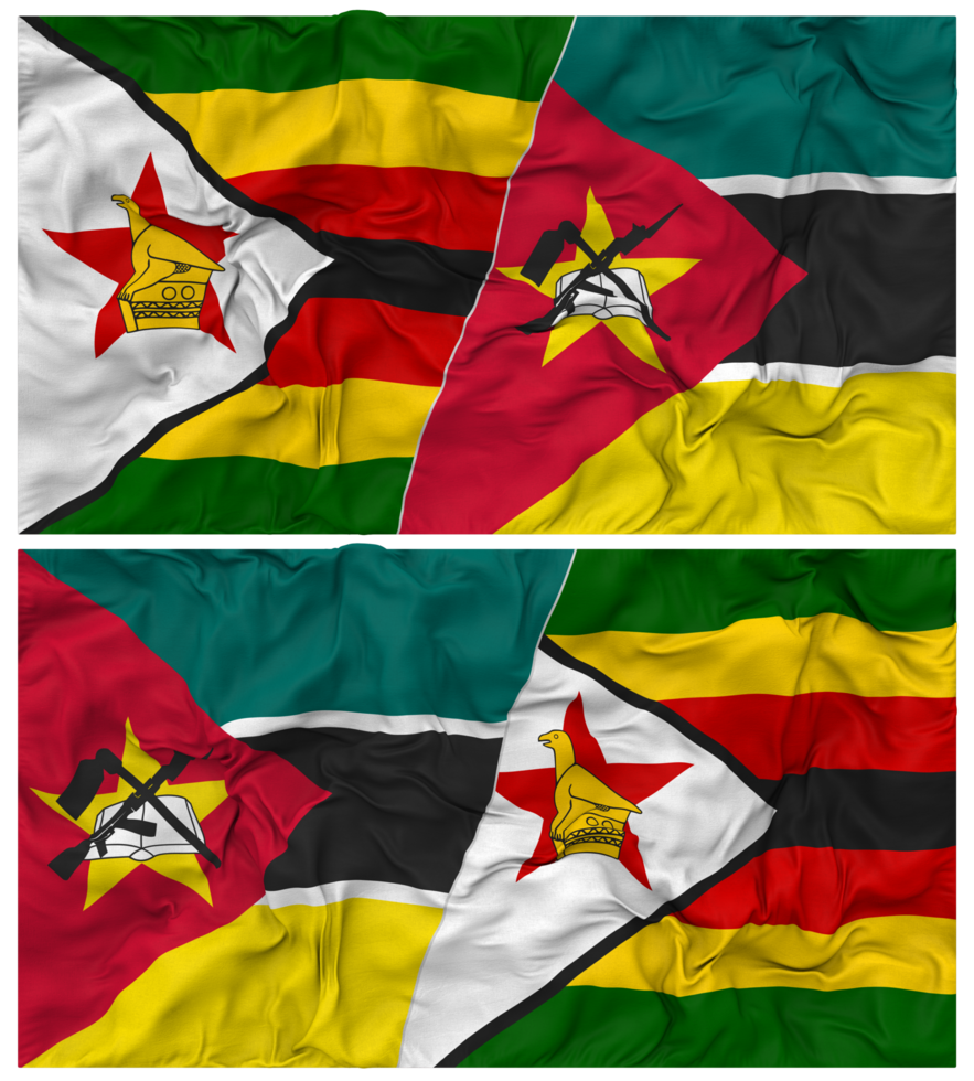 Mozambique and Zimbabwe Half Combined Flag with Cloth Bump Texture, Bilateral Relations, Peace and Conflict, 3D Rendering png