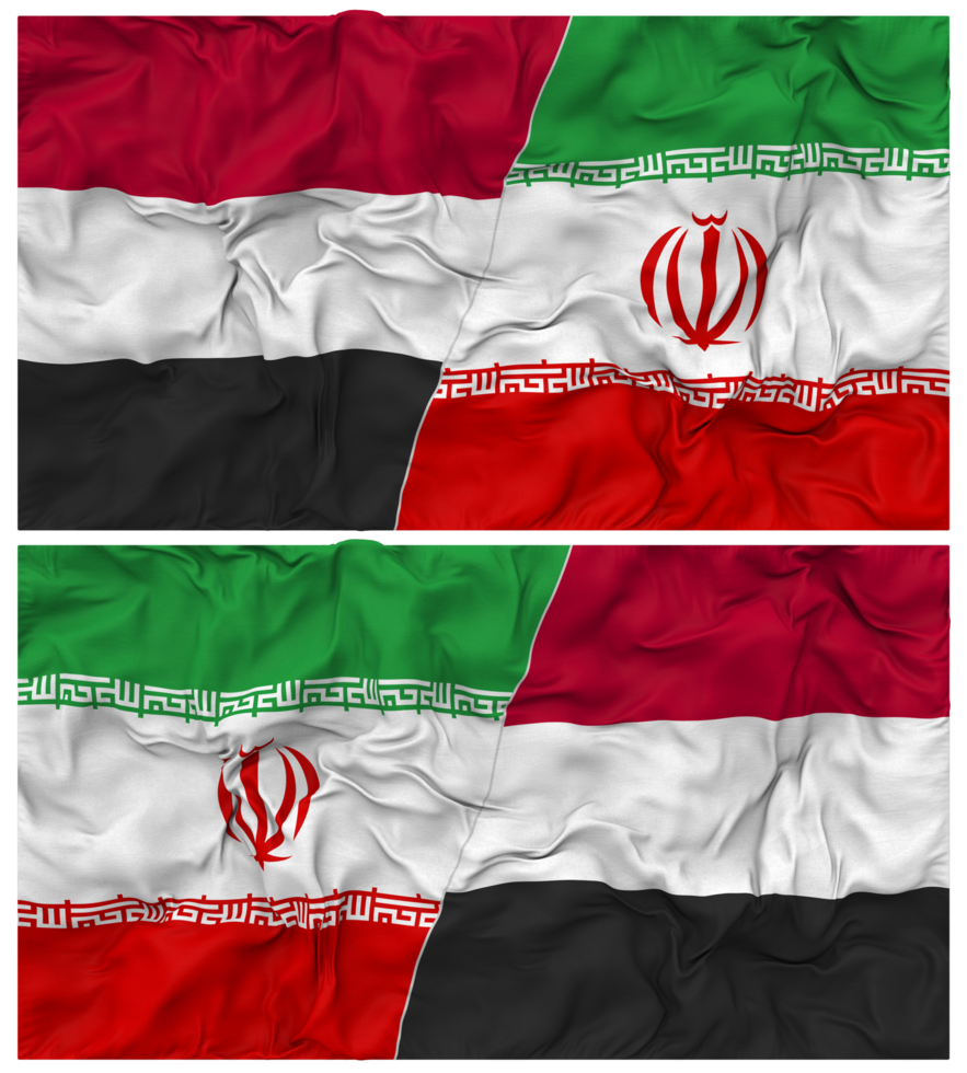 Iran and Yemen Half Combined Flag with Cloth Bump Texture, Bilateral Relations, Peace and Conflict, 3D Rendering png