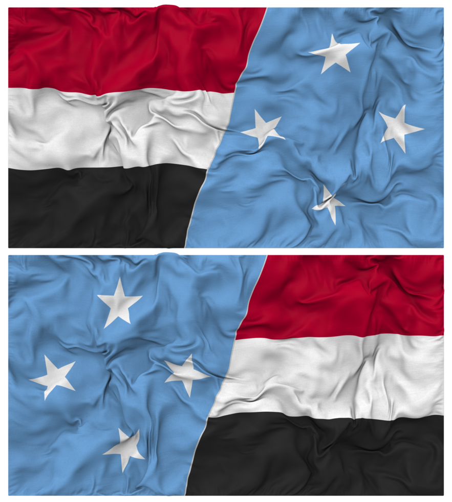 Federated States of Micronesia and Yemen Half Combined Flag with Cloth Bump Texture, Bilateral Relations, Peace and Conflict, 3D Rendering png