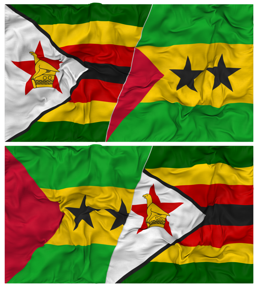 Sao Tome and Principe and Zimbabwe Half Combined Flag with Cloth Bump Texture, Bilateral Relations, Peace and Conflict, 3D Rendering png
