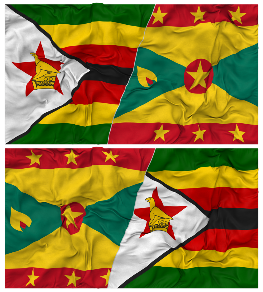 Grenada and Zimbabwe Half Combined Flag with Cloth Bump Texture, Bilateral Relations, Peace and Conflict, 3D Rendering png