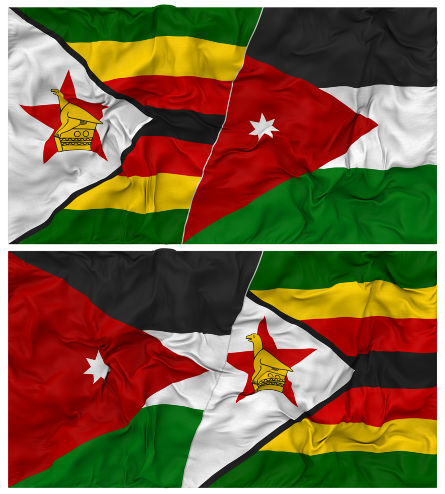 Jordan and Zimbabwe Half Combined Flag with Cloth Bump Texture, Bilateral Relations, Peace and Conflict, 3D Rendering png