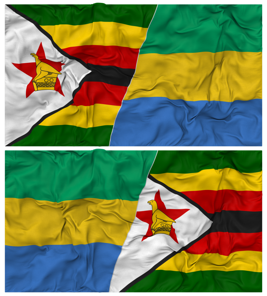 Gabon and Zimbabwe Half Combined Flag with Cloth Bump Texture, Bilateral Relations, Peace and Conflict, 3D Rendering png