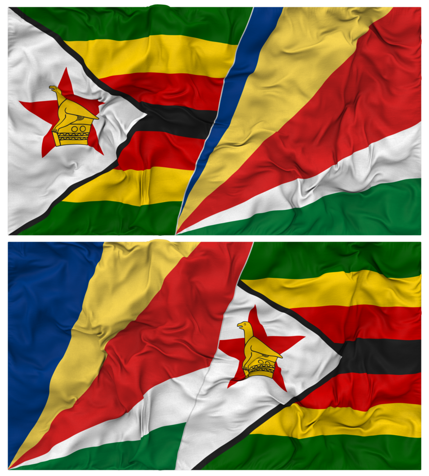 Seychelles and Zimbabwe Half Combined Flag with Cloth Bump Texture, Bilateral Relations, Peace and Conflict, 3D Rendering png