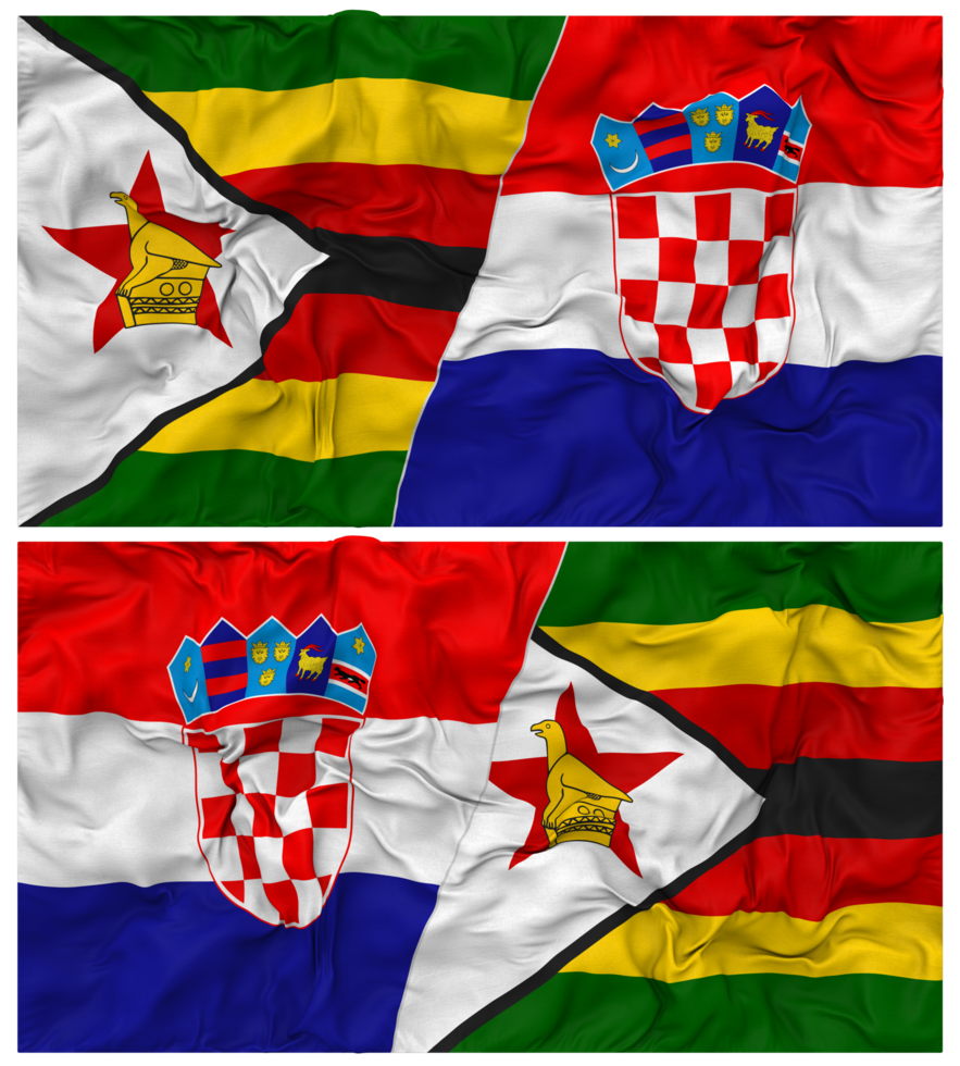 Kroatië en Zimbabwe voor de helft gecombineerd vlag met kleding buil textuur, bilateraal relaties, vrede en conflict, 3d renderen png