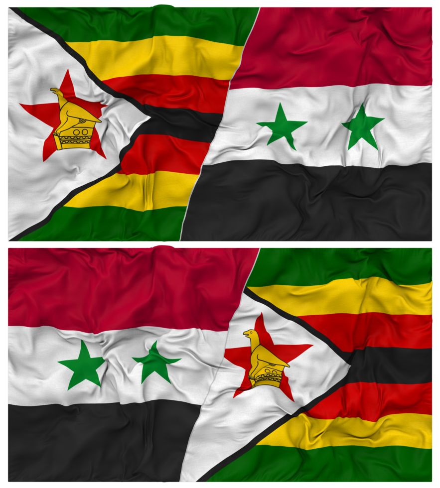 Syria and Zimbabwe Half Combined Flag with Cloth Bump Texture, Bilateral Relations, Peace and Conflict, 3D Rendering png