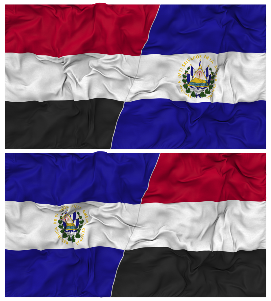 El Salvador and Yemen Half Combined Flag with Cloth Bump Texture, Bilateral Relations, Peace and Conflict, 3D Rendering png