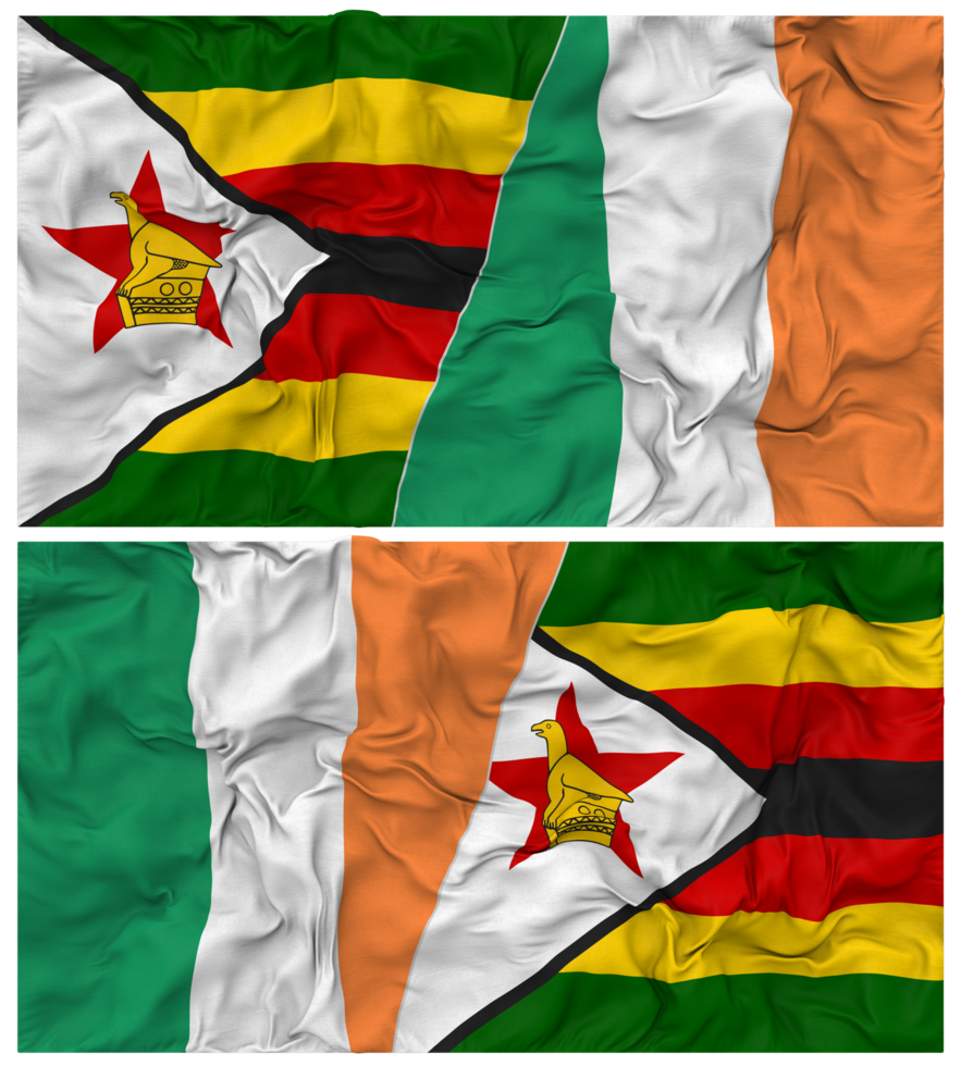 Ireland and Zimbabwe Half Combined Flag with Cloth Bump Texture, Bilateral Relations, Peace and Conflict, 3D Rendering png