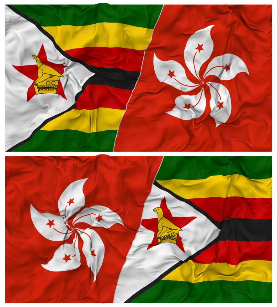 Hong Kong and Zimbabwe Half Combined Flag with Cloth Bump Texture, Bilateral Relations, Peace and Conflict, 3D Rendering png