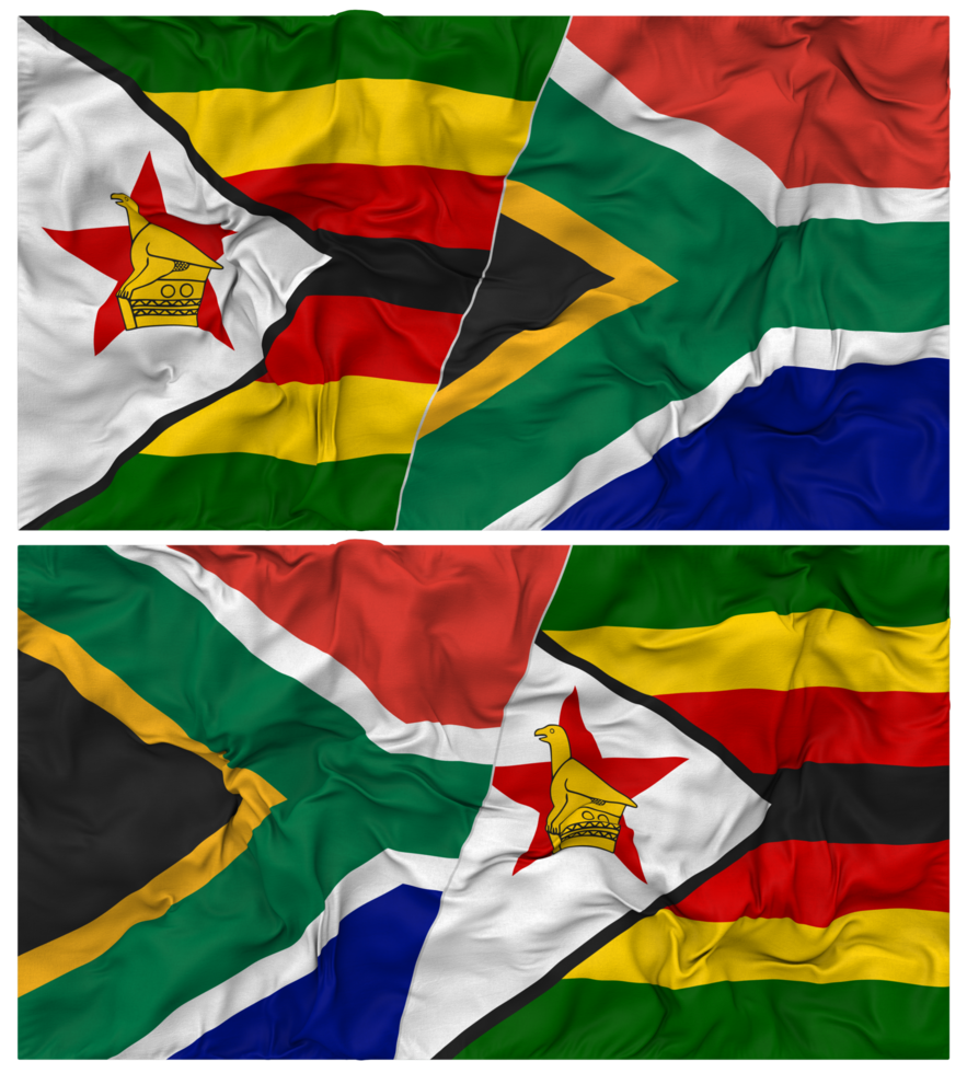 sur África y Zimbabue medio conjunto bandera con paño bache textura, bilateral relaciones, paz y conflicto, 3d representación png