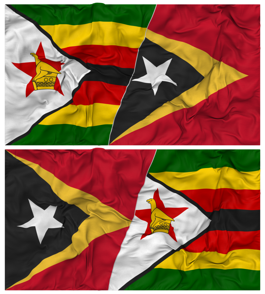 East Timor and Zimbabwe Half Combined Flag with Cloth Bump Texture, Bilateral Relations, Peace and Conflict, 3D Rendering png