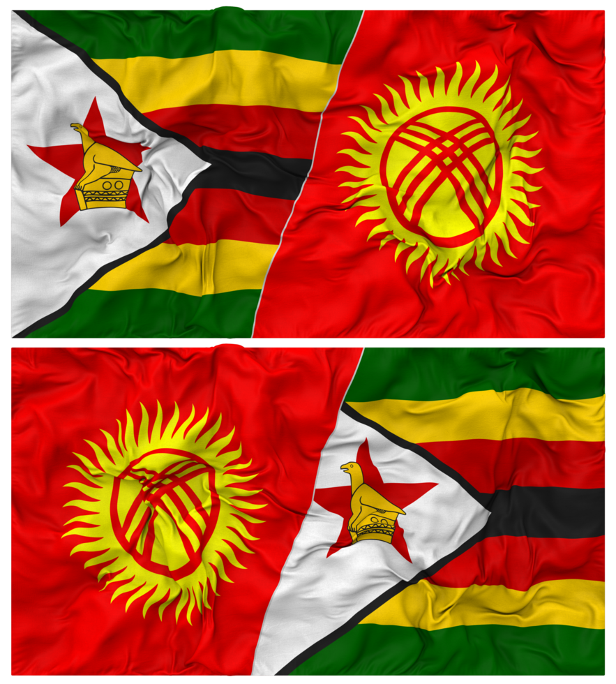 Kyrgyzstan and Zimbabwe Half Combined Flag with Cloth Bump Texture, Bilateral Relations, Peace and Conflict, 3D Rendering png