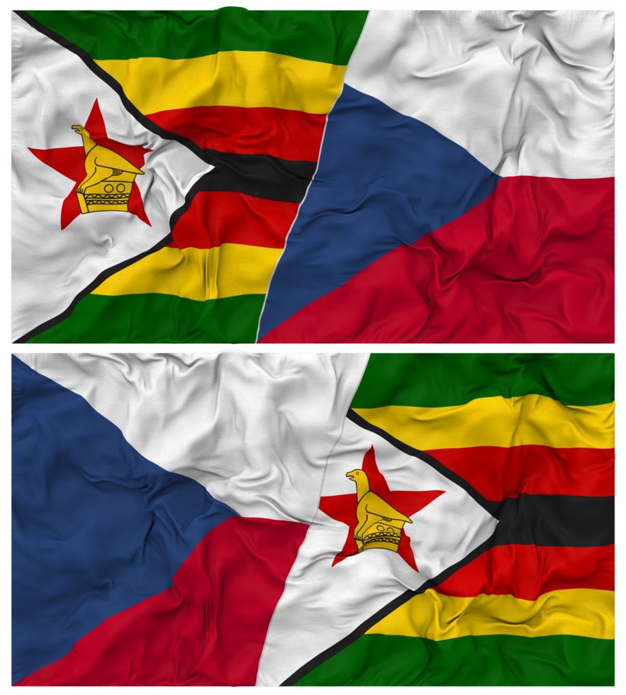 Czech Republic and Zimbabwe Half Combined Flag with Cloth Bump Texture, Bilateral Relations, Peace and Conflict, 3D Rendering png