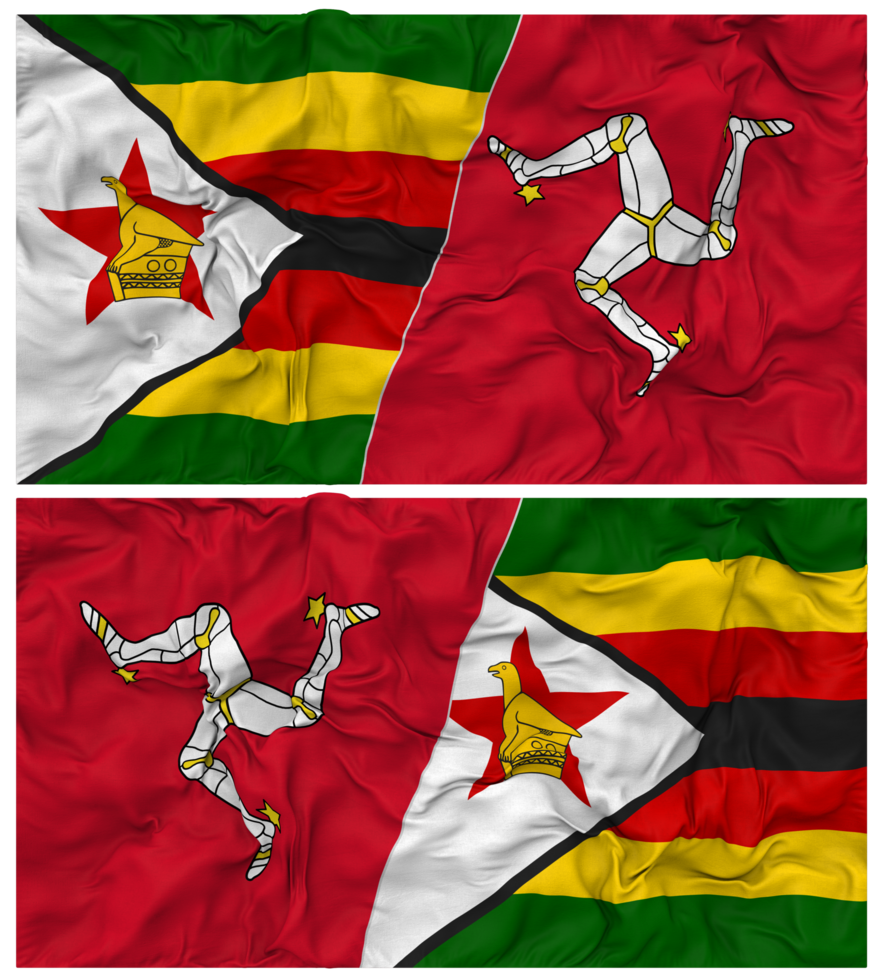 Isle of Man and Zimbabwe Half Combined Flag with Cloth Bump Texture, Bilateral Relations, Peace and Conflict, 3D Rendering png