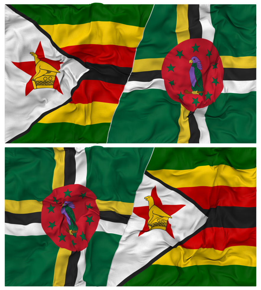 Dominica and Zimbabwe Half Combined Flag with Cloth Bump Texture, Bilateral Relations, Peace and Conflict, 3D Rendering png