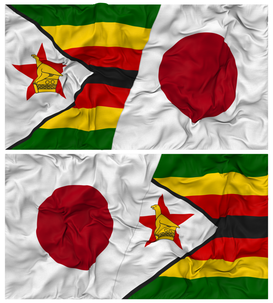 Japan and Zimbabwe Half Combined Flag with Cloth Bump Texture, Bilateral Relations, Peace and Conflict, 3D Rendering png