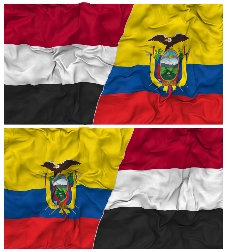 Ecuador and Yemen Half Combined Flag with Cloth Bump Texture, Bilateral Relations, Peace and Conflict, 3D Rendering png