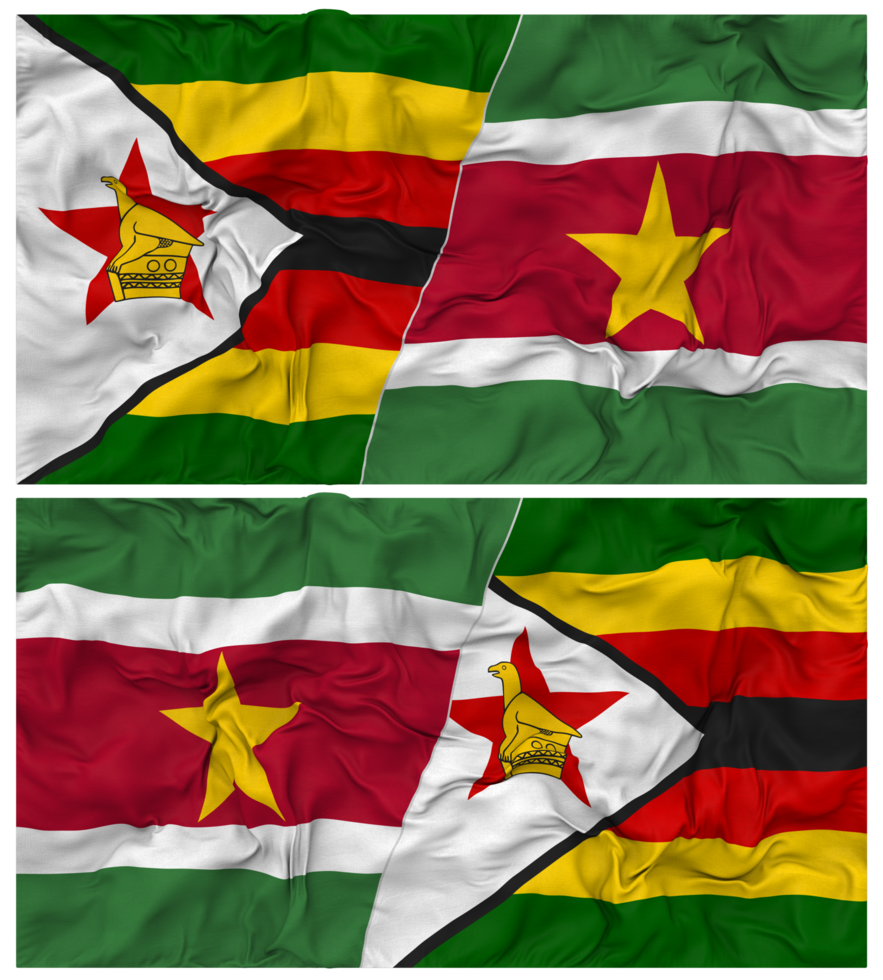 Suriname and Zimbabwe Half Combined Flag with Cloth Bump Texture, Bilateral Relations, Peace and Conflict, 3D Rendering png