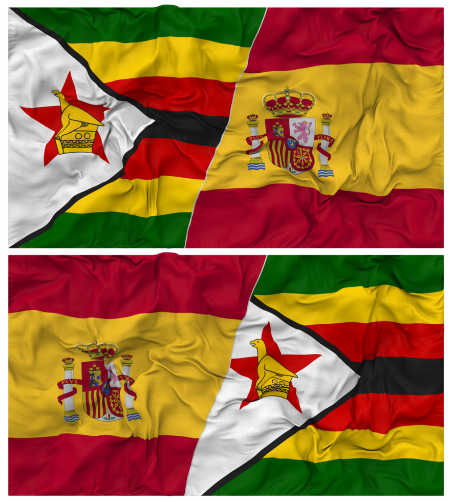 Spain and Zimbabwe Half Combined Flag with Cloth Bump Texture, Bilateral Relations, Peace and Conflict, 3D Rendering png
