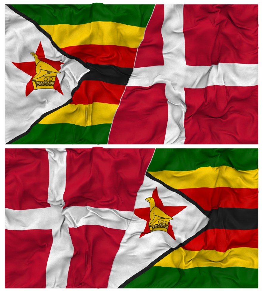 Denmark and Zimbabwe Half Combined Flag with Cloth Bump Texture, Bilateral Relations, Peace and Conflict, 3D Rendering png
