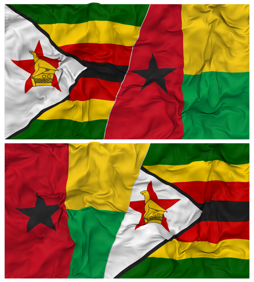Guinea Bissau and Zimbabwe Half Combined Flag with Cloth Bump Texture, Bilateral Relations, Peace and Conflict, 3D Rendering png