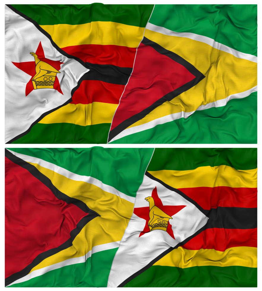 Guyana and Zimbabwe Half Combined Flag with Cloth Bump Texture, Bilateral Relations, Peace and Conflict, 3D Rendering png