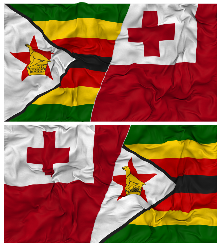 Tonga and Zimbabwe Half Combined Flag with Cloth Bump Texture, Bilateral Relations, Peace and Conflict, 3D Rendering png