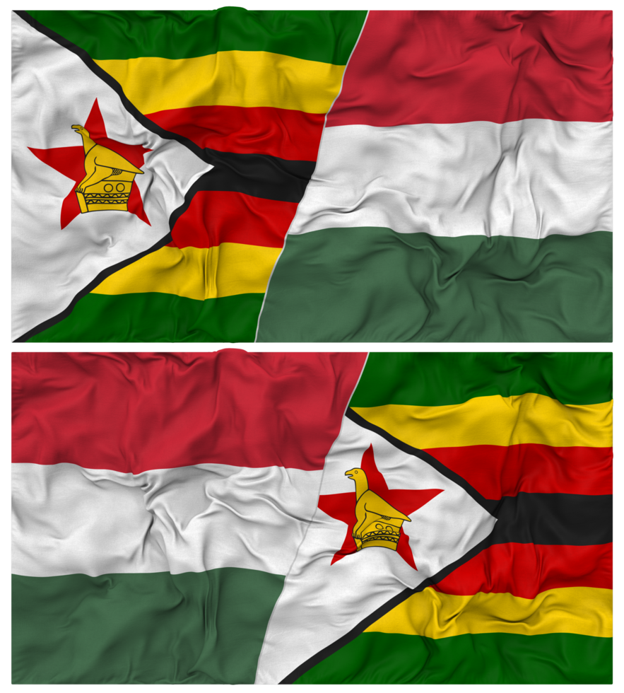 Hungary and Zimbabwe Half Combined Flag with Cloth Bump Texture, Bilateral Relations, Peace and Conflict, 3D Rendering png