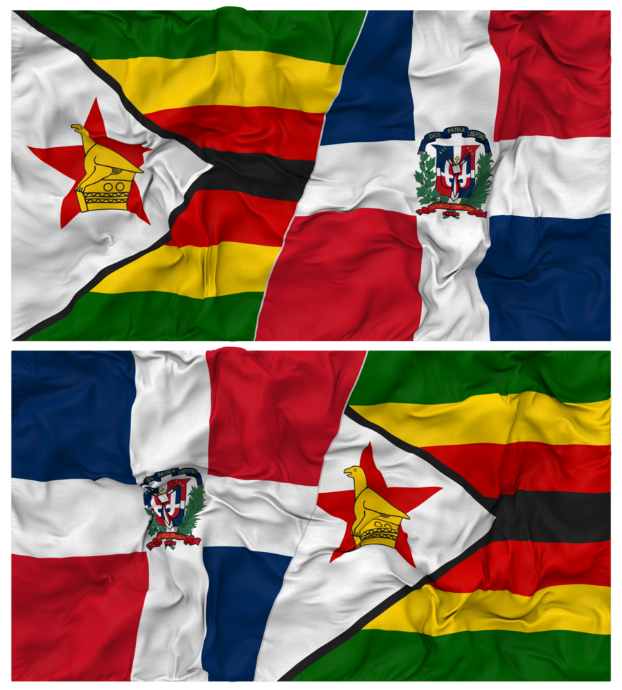 Dominican Republic and Zimbabwe Half Combined Flag with Cloth Bump Texture, Bilateral Relations, Peace and Conflict, 3D Rendering png