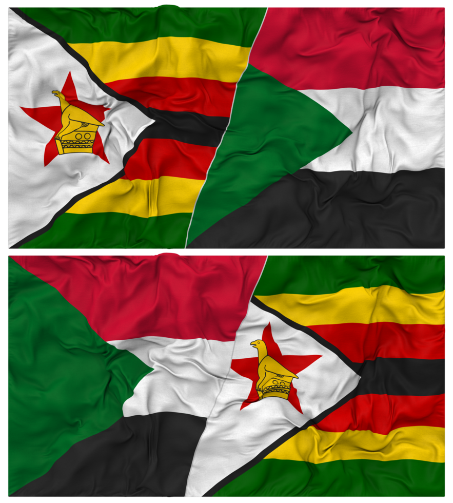 Sudan and Zimbabwe Half Combined Flag with Cloth Bump Texture, Bilateral Relations, Peace and Conflict, 3D Rendering png