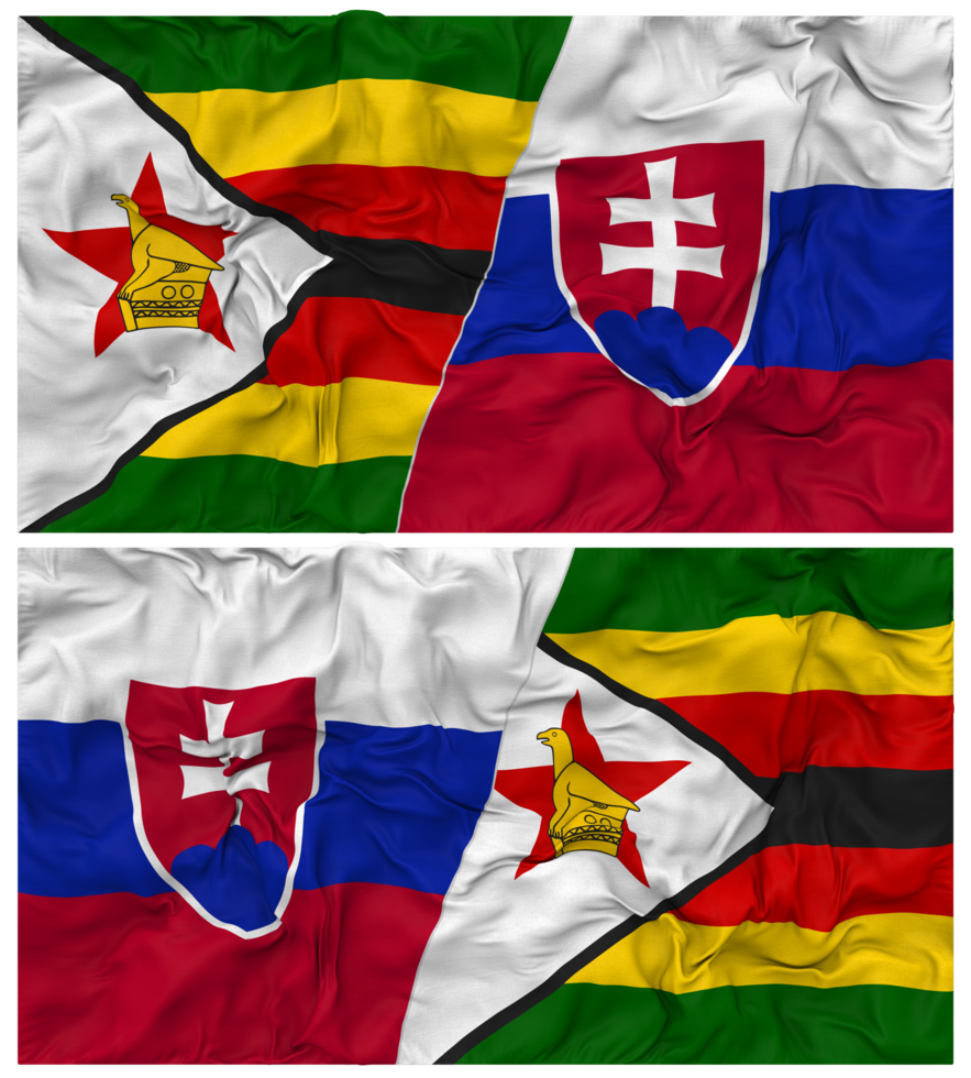 Slovakia and Zimbabwe Half Combined Flag with Cloth Bump Texture, Bilateral Relations, Peace and Conflict, 3D Rendering png