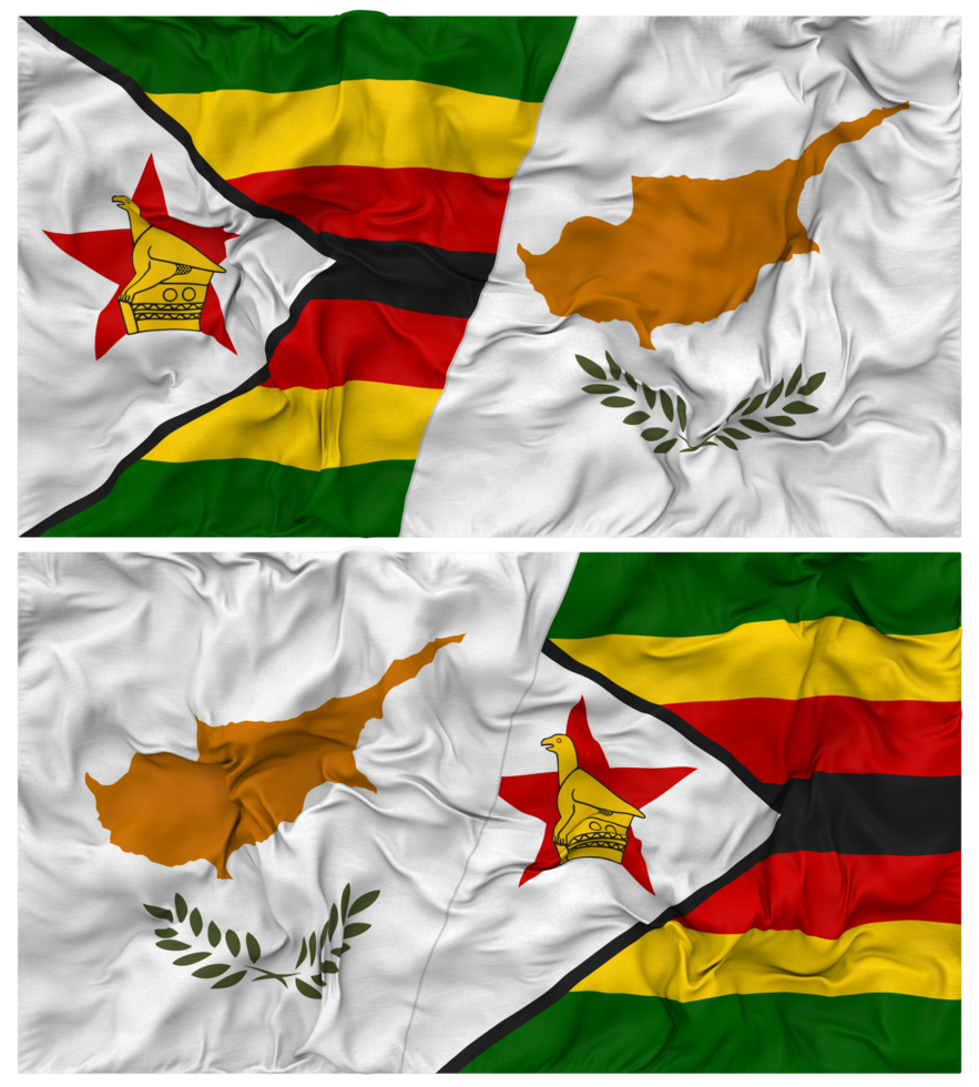 Cyprus and Zimbabwe Half Combined Flag with Cloth Bump Texture, Bilateral Relations, Peace and Conflict, 3D Rendering png