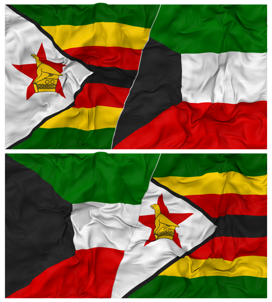 Kuwait and Zimbabwe Half Combined Flag with Cloth Bump Texture, Bilateral Relations, Peace and Conflict, 3D Rendering png