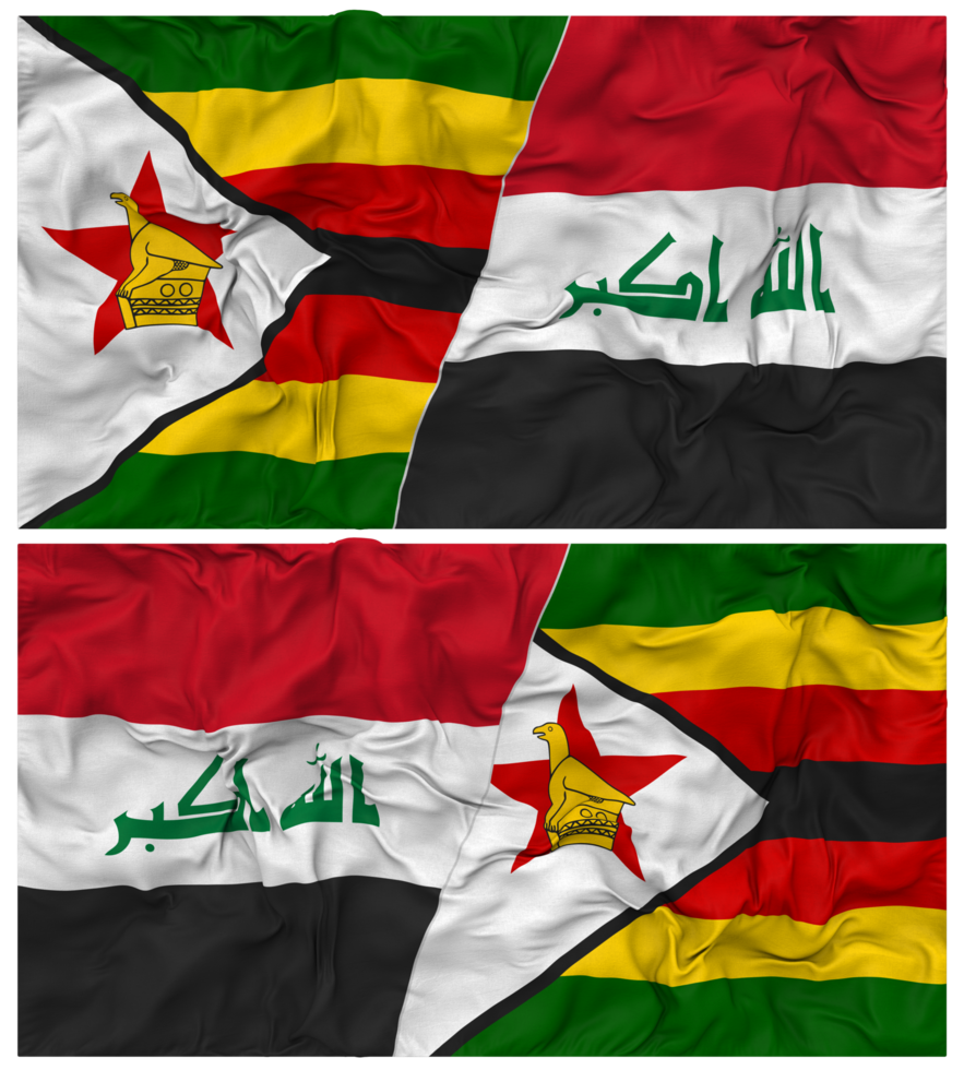 Iraq and Zimbabwe Half Combined Flag with Cloth Bump Texture, Bilateral Relations, Peace and Conflict, 3D Rendering png