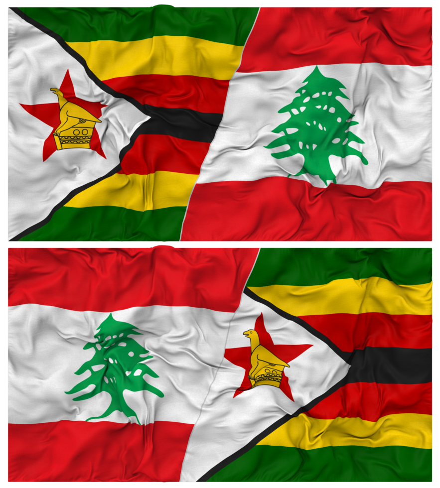 Lebanon and Zimbabwe Half Combined Flag with Cloth Bump Texture, Bilateral Relations, Peace and Conflict, 3D Rendering png