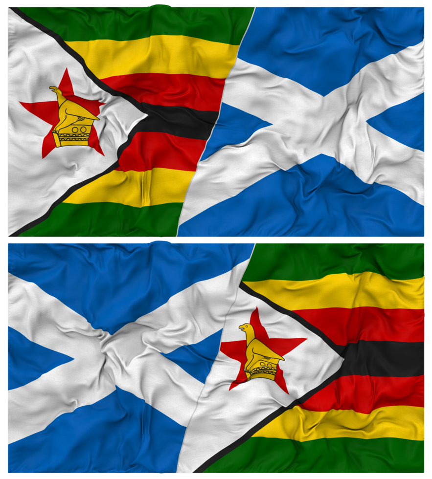 Scotland and Zimbabwe Half Combined Flag with Cloth Bump Texture, Bilateral Relations, Peace and Conflict, 3D Rendering png