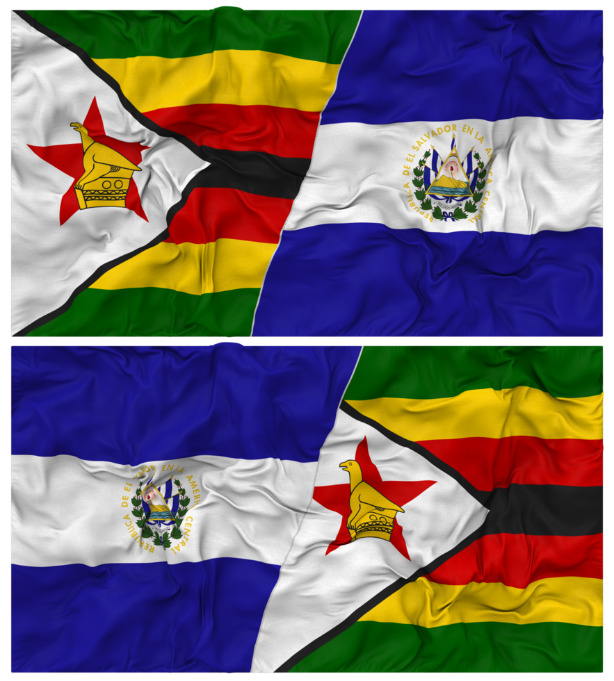 El Salvador and Zimbabwe Half Combined Flag with Cloth Bump Texture, Bilateral Relations, Peace and Conflict, 3D Rendering png