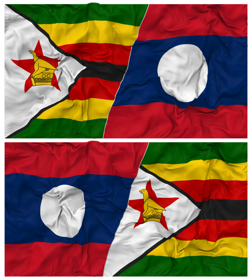 Laos and Zimbabwe Half Combined Flag with Cloth Bump Texture, Bilateral Relations, Peace and Conflict, 3D Rendering png