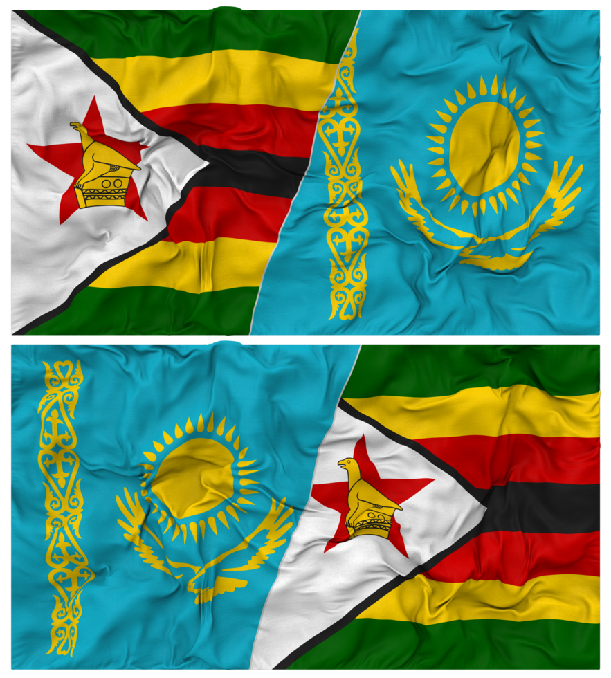 Kazakhstan and Zimbabwe Half Combined Flag with Cloth Bump Texture, Bilateral Relations, Peace and Conflict, 3D Rendering png