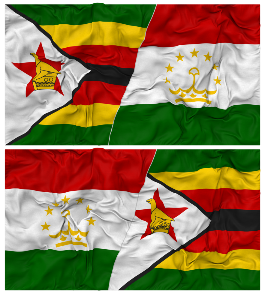 Tajikistan and Zimbabwe Half Combined Flag with Cloth Bump Texture, Bilateral Relations, Peace and Conflict, 3D Rendering png