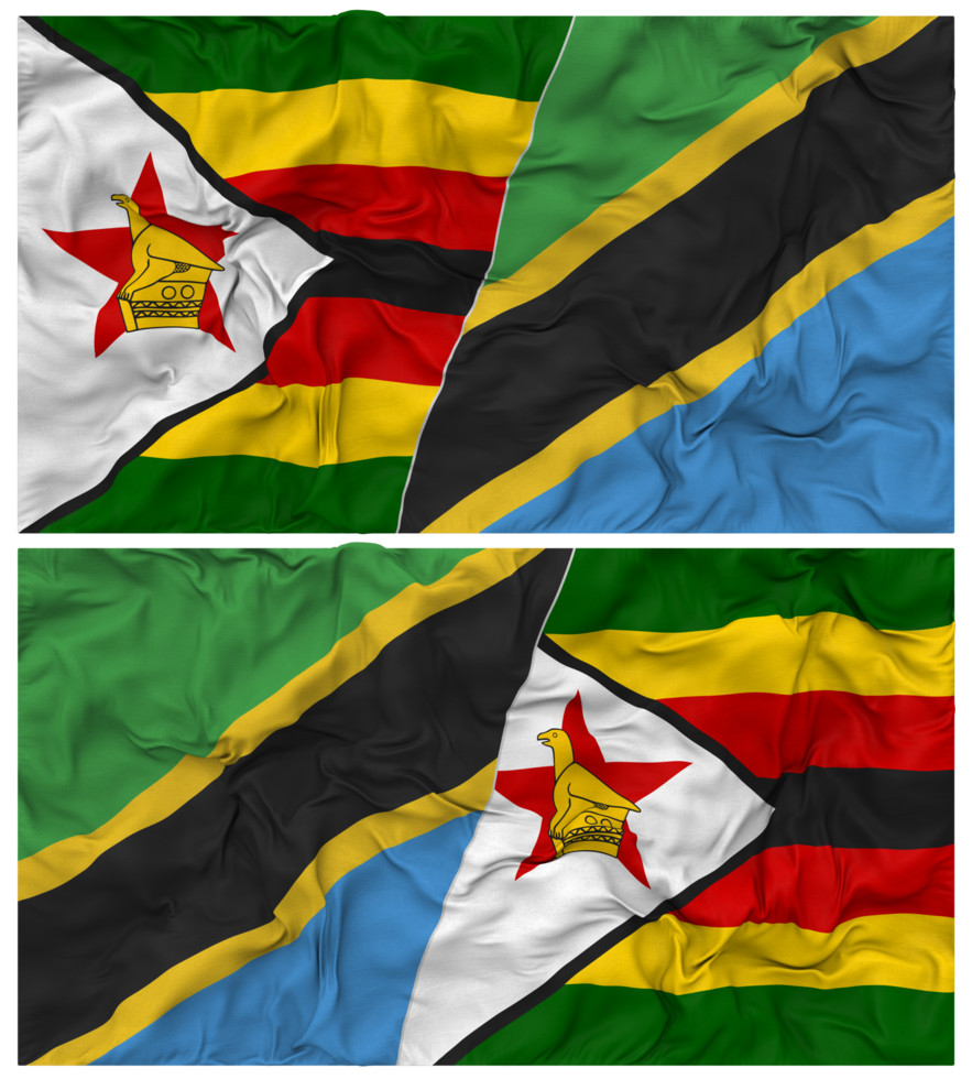 Tanzania and Zimbabwe Half Combined Flag with Cloth Bump Texture, Bilateral Relations, Peace and Conflict, 3D Rendering png